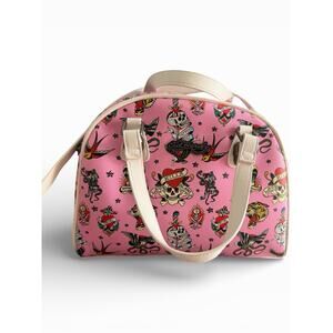 Ed Hardy Tattoo Women's Skull & Roses Print Pink Satchel Crossbody Shoulder Bag